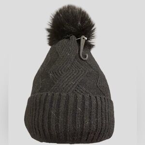 Black Patterned Winter Beanie Hat Fur Lined Pom Pom Knit Cable